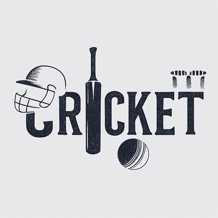 Cricket illustration with helmet, bat, ball and stumps